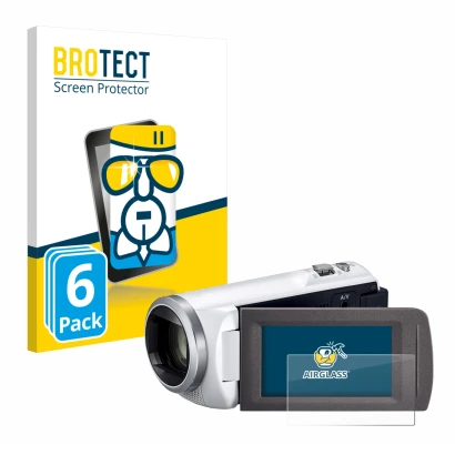 Front side of a product packaging with the brand logo BROTECT. Next to it is the device Panasonic HC-V480MS shown with the cor