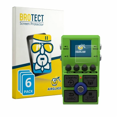 Front side of a product packaging with the brand logo BROTECT. Next to it is the device Zoom MS-90LP Plus shown with the corre