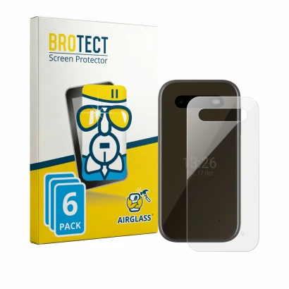 Front side of a product packaging with the brand logo BROTECT. Next to it is the device HMD 2660 Flip 4G (Back) shown with the