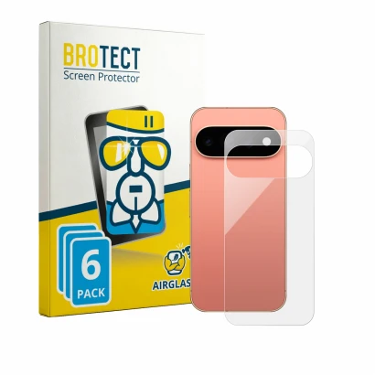 Front side of a product packaging with the brand logo BROTECT. Next to it is the device Google Pixel 11 Pro (Back) shown with