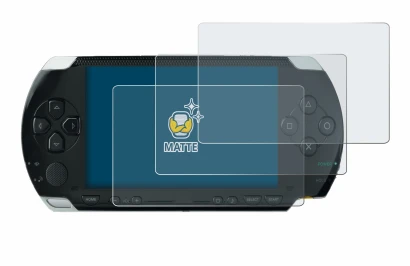 Image of the device Sony PSP 1000 with a wide variety of screen protectors.