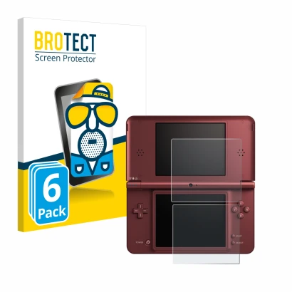 Front side of a product packaging with the brand logo BROTECT. Next to it is the device Nintendo DSi XL shown with the corresp