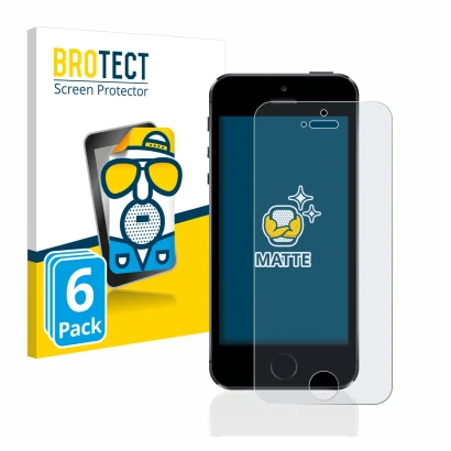 Front side of a product packaging with the brand logo BROTECT. Next to it is the device Apple iPhone 5S shown with the corresp