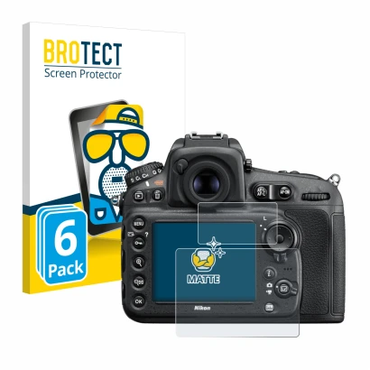 Front side of a product packaging with the brand logo BROTECT. Next to it is the device Nikon D810 shown with the correspondin