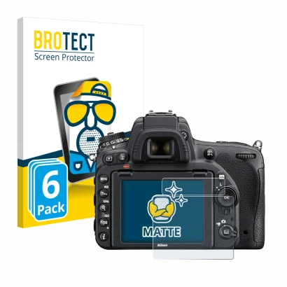 Front side of a product packaging with the brand logo BROTECT. Next to it is the device Nikon D750 shown with the correspondin