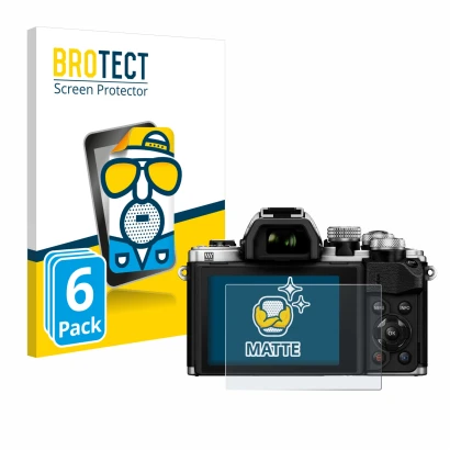 Front side of a product packaging with the brand logo BROTECT. Next to it is the device Olympus OM-D E-M10 Mark II shown with