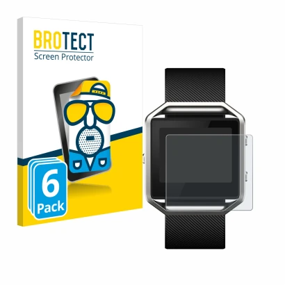 Front side of a product packaging with the brand logo BROTECT. Next to it is the device Fitbit Blaze shown with the correspond