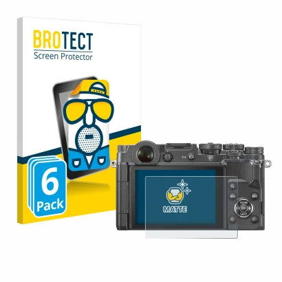Front side of a product packaging with the brand logo BROTECT. Next to it is the device Olympus PEN-F shown with the correspon