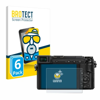 Front side of a product packaging with the brand logo BROTECT. Next to it is the device Panasonic Lumix DMC-GX80 shown with th