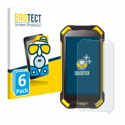 Front side of a product packaging with the brand logo BROTECT. Next to it is the device Blackview BV6000 shown with the corres