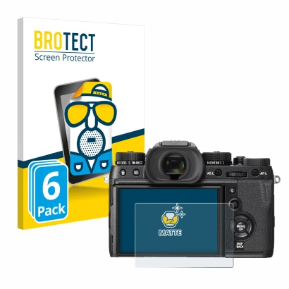 Front side of a product packaging with the brand logo BROTECT. Next to it is the device Fujifilm X-T2 shown with the correspon