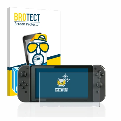 Front side of a product packaging with the brand logo BROTECT. Next to it is the device Nintendo Switch shown with the corresp
