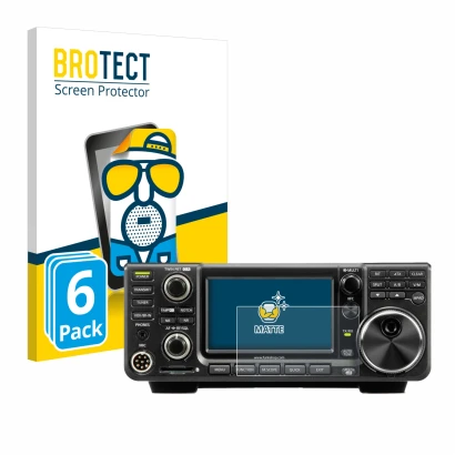 Front side of a product packaging with the brand logo BROTECT. Next to it is the device Icom IC-7300 shown with the correspond