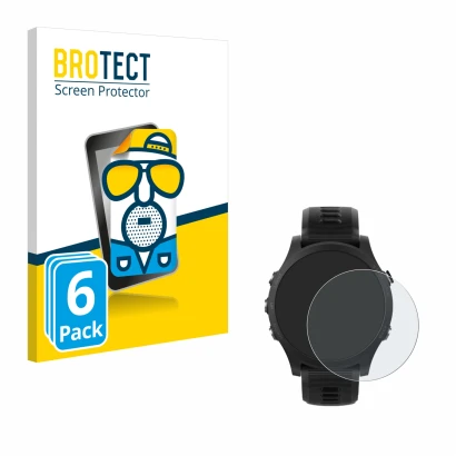 Front side of a product packaging with the brand logo BROTECT. Next to it is the device Garmin Forerunner 935 shown with the c