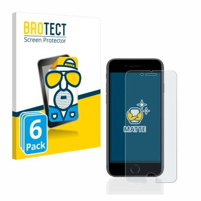 Front side of a product packaging with the brand logo BROTECT. Next to it is the device Apple iPhone 8 shown with the correspo