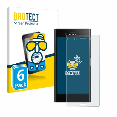 Front side of a product packaging with the brand logo BROTECT. Next to it is the device Sony Xperia XZ1 shown with the corresp
