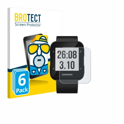 Front side of a product packaging with the brand logo BROTECT. Next to it is the device Garmin Forerunner 30 shown with the co