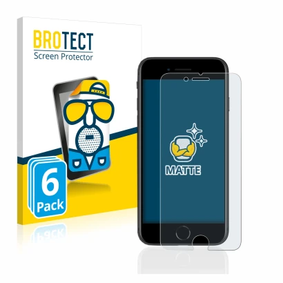 Front side of a product packaging with the brand logo BROTECT. Next to it is the device Apple iPhone SE 2 2020 shown with the 