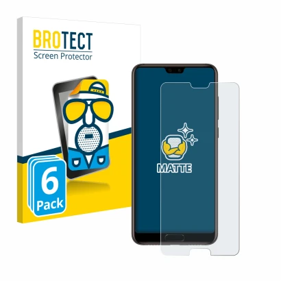 Front side of a product packaging with the brand logo BROTECT. Next to it is the device Huawei P20 shown with the correspondin