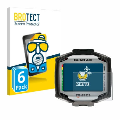 Front side of a product packaging with the brand logo BROTECT. Next to it is the device Mares Quad Air shown with the correspo