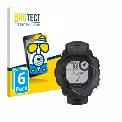 Front side of a product packaging with the brand logo BROTECT. Next to it is the device Garmin Instinct Tactical Edition shown