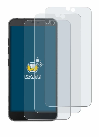 Image of the device Fairphone 3 with a wide variety of screen protectors.