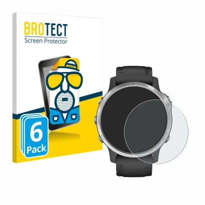 Front side of a product packaging with the brand logo BROTECT. Next to it is the device Garmin Fenix 6S shown with the corresp
