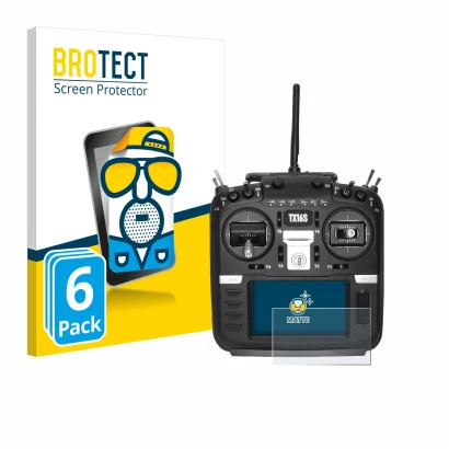 Front side of a product packaging with the brand logo BROTECT. Next to it is the device Radiomaster TX16S shown with the corre