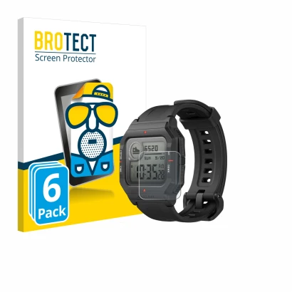 Front side of a product packaging with the brand logo BROTECT. Next to it is the device Huami Amazfit Neo shown with the corre