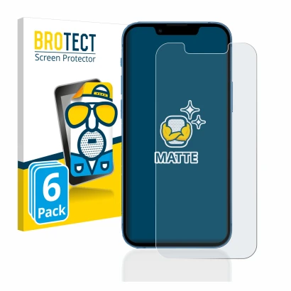 Front side of a product packaging with the brand logo BROTECT. Next to it is the device Apple iPhone 13 mini shown with the co
