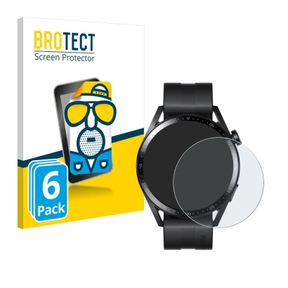 Front side of a product packaging with the brand logo BROTECT. Next to it is the device Huawei Watch GT 3 (46 mm) shown with t