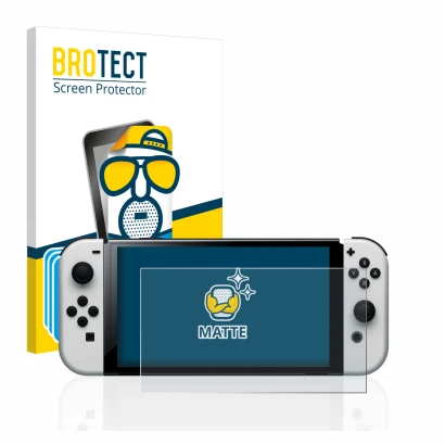 Front side of a product packaging with the brand logo BROTECT. Next to it is the device Nintendo Switch OLED-Modell shown with