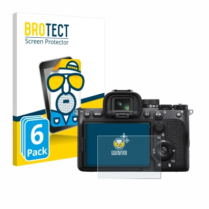 Front side of a product packaging with the brand logo BROTECT. Next to it is the device Sony Alpha 7 IV shown with the corresp