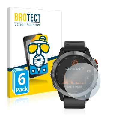 Front side of a product packaging with the brand logo BROTECT. Next to it is the device Garmin Fenix 6 Solar shown with the co