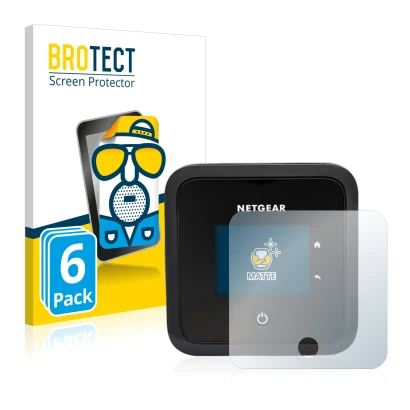 Front side of a product packaging with the brand logo BROTECT. Next to it is the device Netgear Nighthawk M5 shown with the co