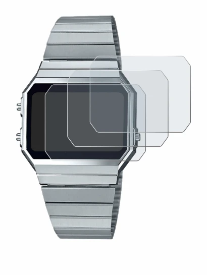 Image of the device Casio A700WE with a wide variety of screen protectors.