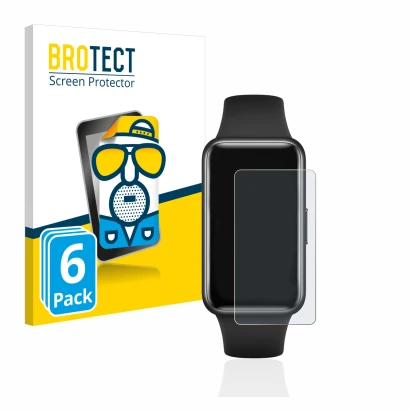 Front side of a product packaging with the brand logo BROTECT. Next to it is the device Huawei Band 7 shown with the correspon
