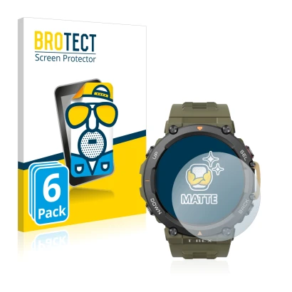 Front side of a product packaging with the brand logo BROTECT. Next to it is the device Huami Amazfit T-Rex 2 shown with the c