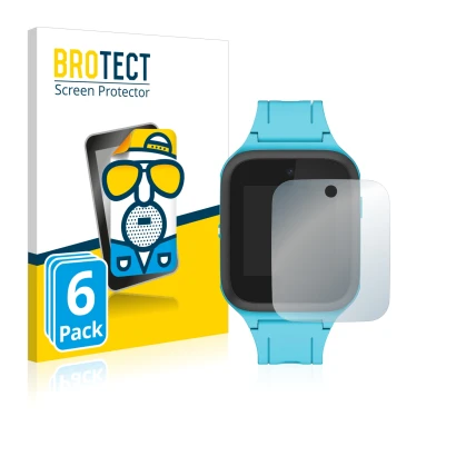 Front side of a product packaging with the brand logo BROTECT. Next to it is the device TCL Movetime Family Watch MT40 shown w