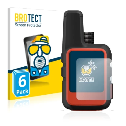 Front side of a product packaging with the brand logo BROTECT. Next to it is the device Garmin inReach Mini 2 shown with the c