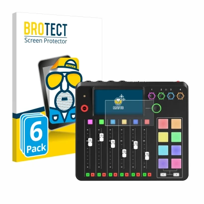 Front side of a product packaging with the brand logo BROTECT. Next to it is the device Rode Rodecaster Pro II shown with the