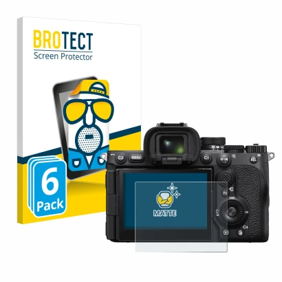 Front side of a product packaging with the brand logo BROTECT. Next to it is the device Sony Alpha 7R V / a7R V shown with the