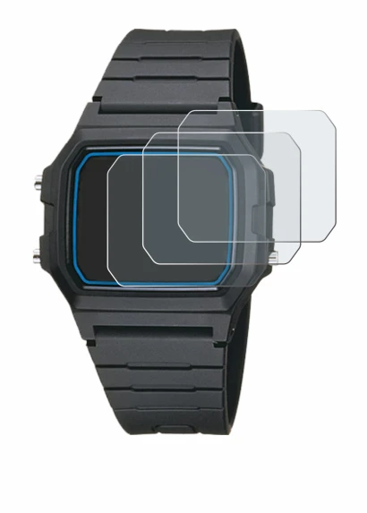 Image of the device Casio F-105W-1AWYEF with a wide variety of screen protectors.