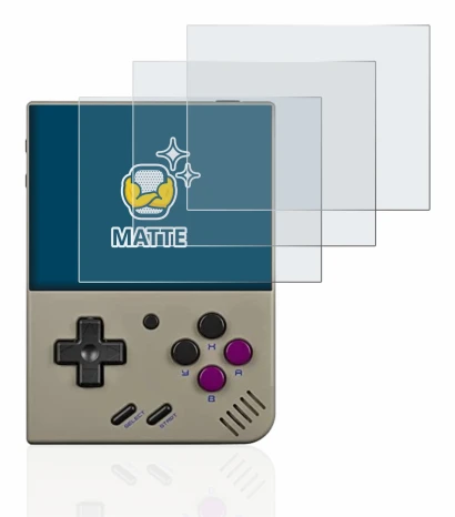 Image of the device Miyoo Mini Plus with a wide variety of screen protectors.