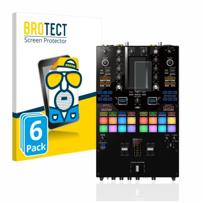 Front side of a product packaging with the brand logo BROTECT. Next to it is the device Pioneer DJM-S11 shown with the corresp