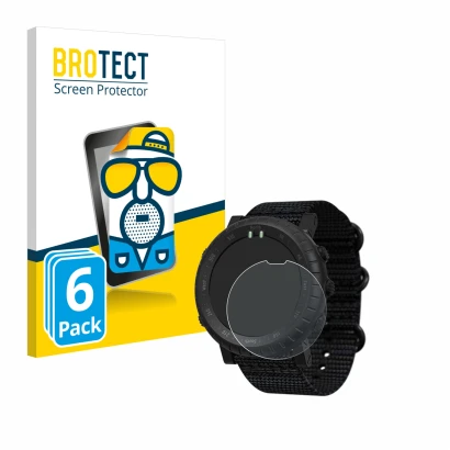 Front side of a product packaging with the brand logo BROTECT. Next to it is the device Suunto Core Alpha shown with the corre