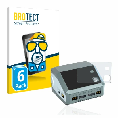 Front side of a product packaging with the brand logo BROTECT. Next to it is the device SkyRc D200 neo shown with the correspo