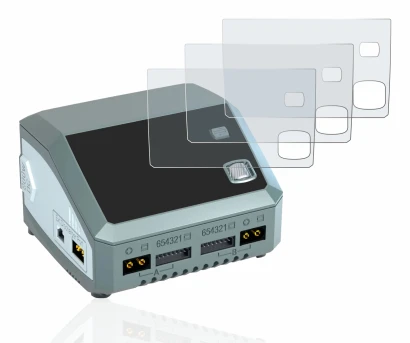 Image of the device SkyRc D200 neo with a wide variety of screen protectors.