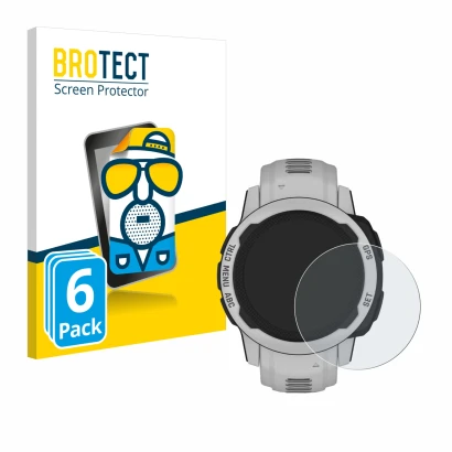 Front side of a product packaging with the brand logo BROTECT. Next to it is the device Garmin Instinct 2S Solar (40 mm) shown