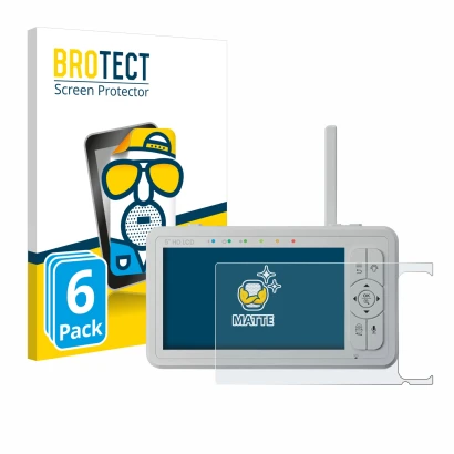 Front side of a product packaging with the brand logo BROTECT. Next to it is the device Babysense HD S2 5" shown with the corr